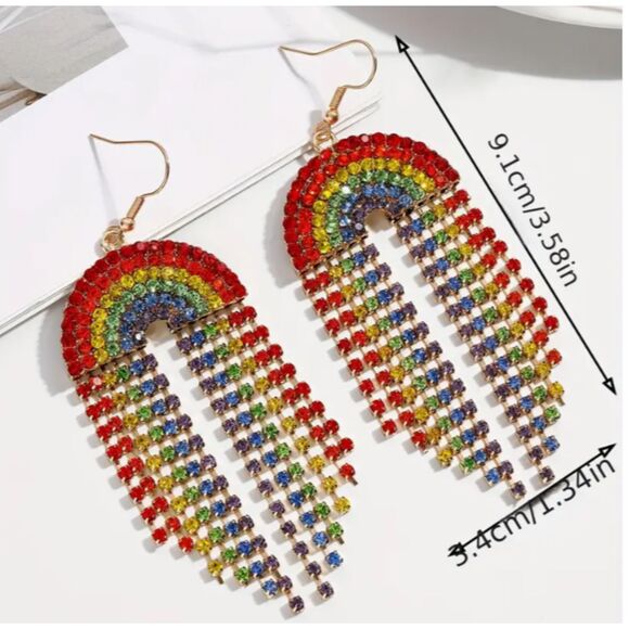 Stunning! Iced Rhinestone Dangle RAINBOW Earrings 🌈 - Picture 4 of 6